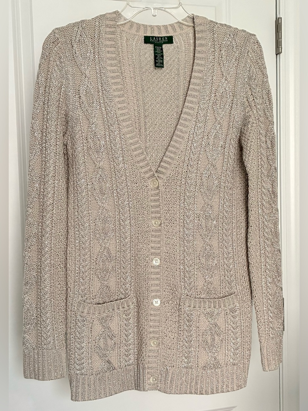 Lauren Ralph Lauren Shimmer Taupe Metallic Cable Knit Cardigan Sweater Size PM